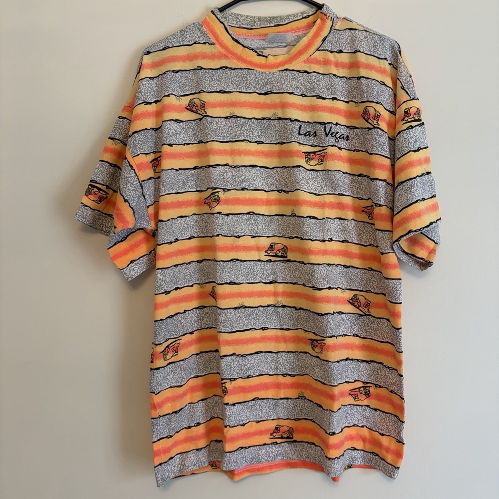 Vintage 90s Las Vegas Retro Striped Surfer T Shirt Bro L Xl Casual Everyday